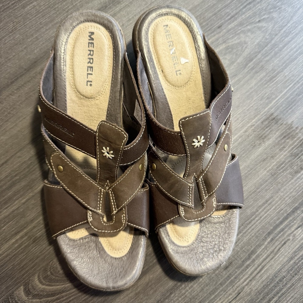 Merrell Luxe Slide Coffee Brown Leather Wedge Sandals Women's 9 Comfort Shoes